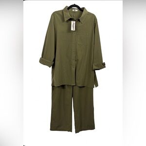 Zeagoo 100% Cotton 2-Piece Set Button Down & Wide Leg Pants-Large